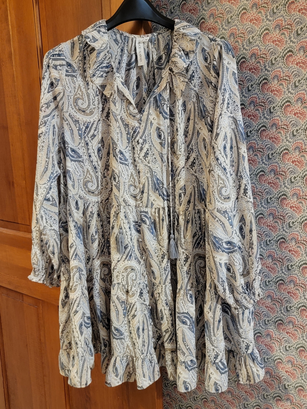 Paisley Ruffle Tunic Dress in Neutral Blue 1XL Tassels